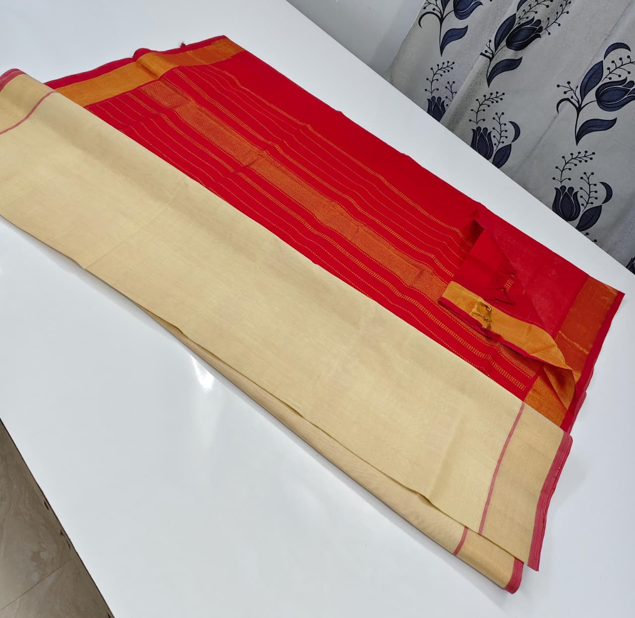 Traditional Red and Gold Border Kanchipuram Style Silk Saree with Contrast Cream Drape